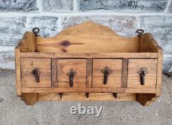 Vtg Primitive Rustic Wood 4 Drawer Spice Hardware Wall Cabinet Forged Hooks Pull