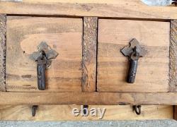 Vtg Primitive Rustic Wood 4 Drawer Spice Hardware Wall Cabinet Forged Hooks Pull