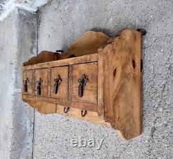 Vtg Primitive Rustic Wood 4 Drawer Spice Hardware Wall Cabinet Forged Hooks Pull