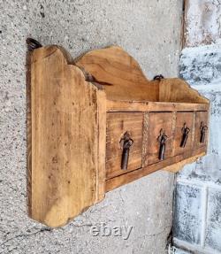 Vtg Primitive Rustic Wood 4 Drawer Spice Hardware Wall Cabinet Forged Hooks Pull