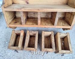 Vtg Primitive Rustic Wood 4 Drawer Spice Hardware Wall Cabinet Forged Hooks Pull