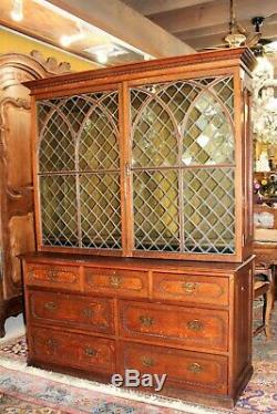 W. A. Barker Gothic Solid Oak 2 Leaded Glass Door 7 Drawer Bookcase Cabinet