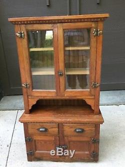 Wonderful Antique Oak Child's Kitchen Step Back Cupboard Beading