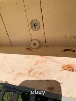 Wooden wall-hanging cabinet heavily crackled, chippy off-white paint antique