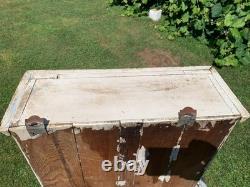 Wooden wall-hanging cabinet heavily crackled, chippy off-white paint antique