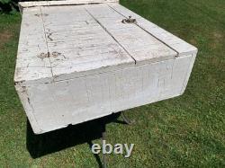 Wooden wall-hanging cabinet heavily crackled, chippy off-white paint antique